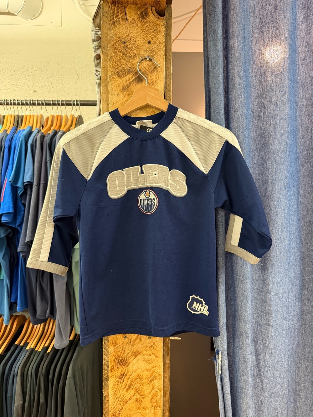 Vintage Kids Navy and Gray 'Oilers' Short Sleeve Hockey Jersey